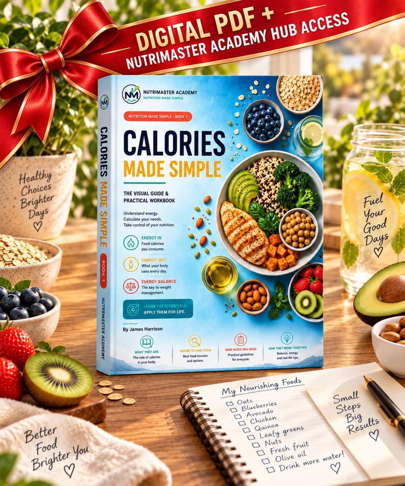 May include: A book titled Calories Made Simple with a blue cover featuring a bowl of chicken, avocado, quinoa, and berries. The cover includes the text Nutrimaster Academy, Nutrition Made Simple, and By James Harrison, alongside icons for energy.