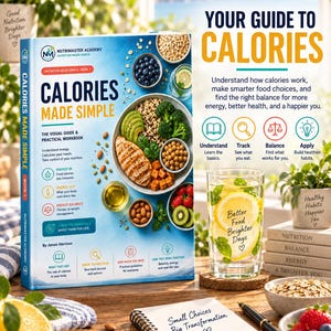 May include: A book titled Calories Made Simple with a blue cover featuring a bowl of chicken, avocado, and vegetables. Beside it sits a glass of lemon water, a notebook with the text Small Choices Big Transformation, and bowls of oats and berries.