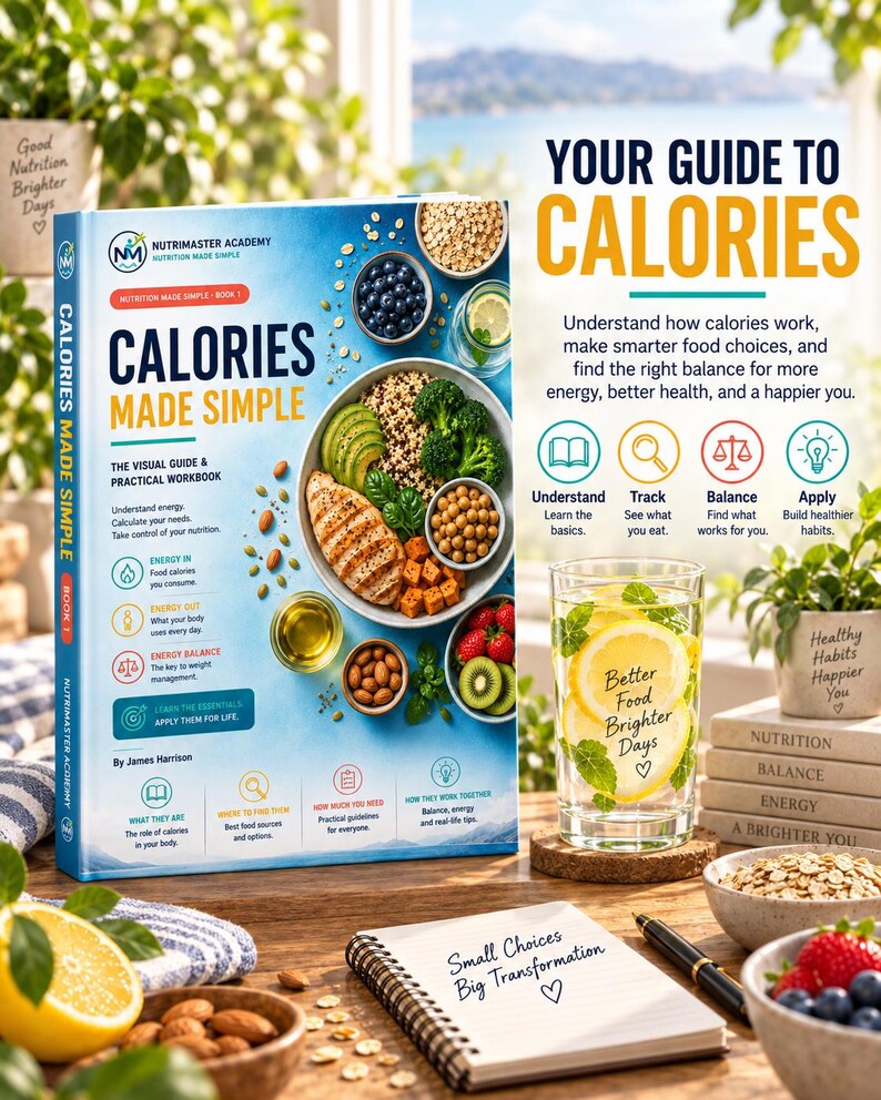 May include: A book titled Calories Made Simple with a blue cover featuring a bowl of chicken, avocado, and vegetables. Beside it sits a glass of lemon water, a notebook with the text Small Choices Big Transformation, and bowls of oats and berries.