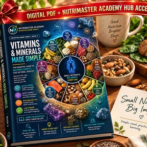K&ouml;nnte beinhalten: Ein dunkelblaues Buch mit dem Titel Vitamins & Minerals Made Simple und einem kreisf&ouml;rmigen Nahrungsdiagramm auf dem Cover. Das Buch enth&auml;lt digitalen PDF-Zugang und Akademie-Zugang. Eine Karte zeigt Small Nutrients. Big Impact. neben Lebensmitteln.