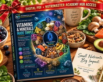 May include: A dark blue book titled Vitamins & Minerals Made Simple with a circular food diagram on the cover. The book includes digital PDF and academy hub access. A card nearby reads Small Nutrients. Big Impact. surrounded by fresh food items.