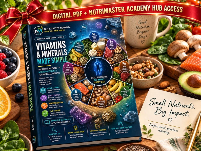 K&ouml;nnte beinhalten: Ein dunkelblaues Buch mit dem Titel Vitamins & Minerals Made Simple und einem kreisf&ouml;rmigen Nahrungsdiagramm auf dem Cover. Das Buch enth&auml;lt digitalen PDF-Zugang und Akademie-Zugang. Eine Karte zeigt Small Nutrients. Big Impact. neben Lebensmitteln.