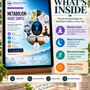 K&ouml;nnte beinhalten: Ein digitales Tablet, das das Cover des Buches Metabolism Made Simple von James Harrison anzeigt. Der Bildschirm zeigt ein kreisf&ouml;rmiges Diagramm mit Symbolen f&uuml;r Hydratation, Denkweise, Schlaf, Bewegung und Balance sowie den Text What's Inside.