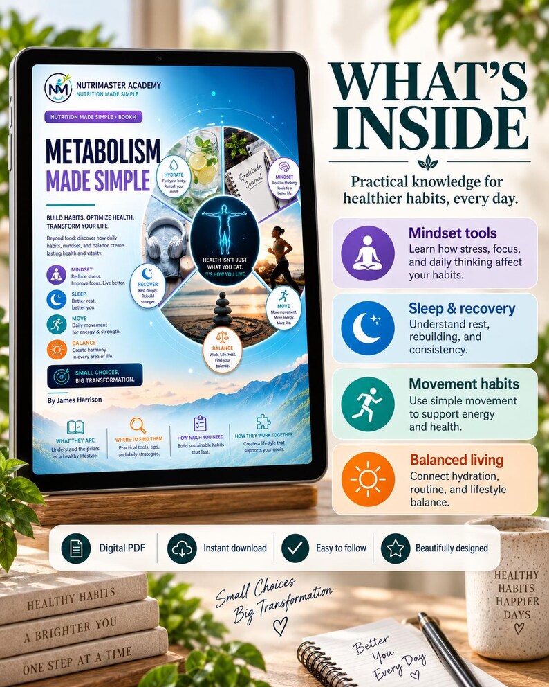 K&ouml;nnte beinhalten: Ein digitales Tablet, das das Cover des Buches Metabolism Made Simple von James Harrison anzeigt. Der Bildschirm zeigt ein kreisf&ouml;rmiges Diagramm mit Symbolen f&uuml;r Hydratation, Denkweise, Schlaf, Bewegung und Balance sowie den Text What's Inside.