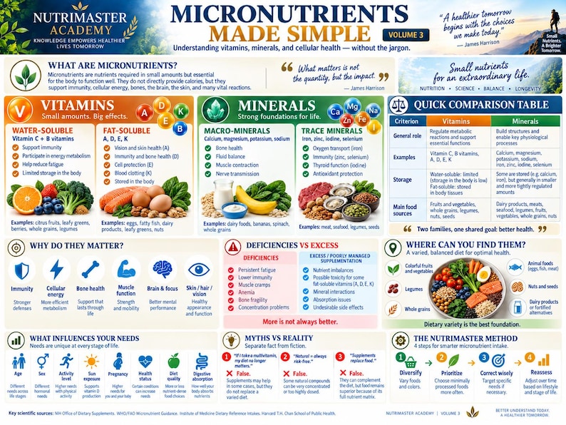 K&ouml;nnte beinhalten: Eine lehrreiche Infografik mit dem Titel Micronutrients Made Simple Volume 3, die Abschnitte zu Vitaminen, Mineralstoffen, Mangelerscheinungen und &Uuml;bersch&uuml;ssen sowie eine Vergleichstabelle enth&auml;lt. Sie nutzt Symbole und Text zur Erkl&auml;rung.