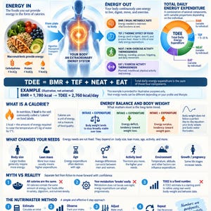May include: An educational infographic titled Calories Made Simple by Nutrimaster Academy. It features a central human silhouette, diagrams of energy expenditure, food icons, and text explaining metabolism, TDEE, and energy balance principles.
