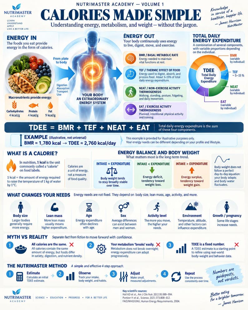 May include: An educational infographic titled Calories Made Simple by Nutrimaster Academy. It features a central human silhouette, diagrams of energy expenditure, food icons, and text explaining metabolism, TDEE, and energy balance principles.