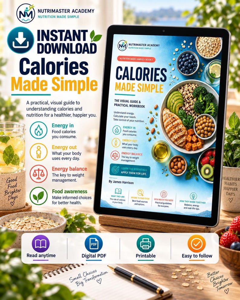 May include: A digital tablet displays the cover of a nutrition guide titled Calories Made Simple by James Harrison. The cover features a bowl of healthy food, icons for energy balance, and text about nutrition. Below the tablet is a notepad and pen.
