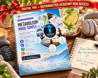 Könnte beinhalten: Ein Buch mit dem Titel Metabolism Made Simple von James Harrison mit einem blauen Einband, der eine menschliche Silhouette, Wellness-Symbole und Text zeigt. Der Einband enthält den Satz Small Choices. Big Transformation. und Digital PDF + Nutrimaster Academy Hub Access.