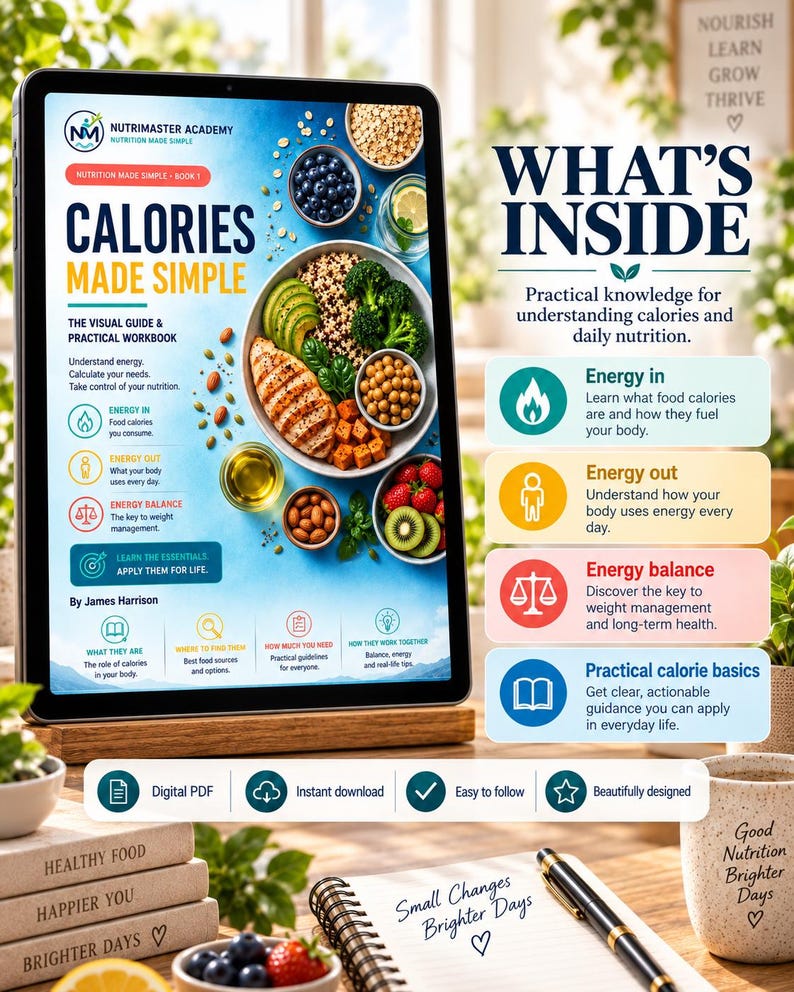 May include: A digital tablet displays the cover of a nutrition workbook titled Calories Made Simple by James Harrison, featuring a bowl of healthy food. Beside it, a list titled What's Inside details energy and nutrition topics with icons.