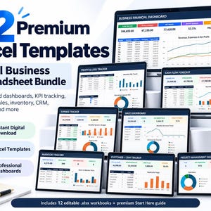 Könnte beinhalten: Ein digitales Paket mit 12 Premium-Excel-Vorlagen für die Verwaltung kleiner Unternehmen. Das Bild zeigt mehrere Computerbildschirme mit Finanz-Dashboards, Gewinn- und Verlustrechnungen, Cashflow-Prognosen und Bestandsverwaltung.