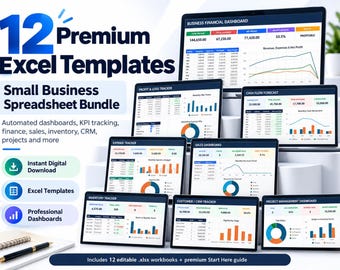 Könnte beinhalten: Ein digitales Paket mit 12 Premium-Excel-Vorlagen für die Verwaltung kleiner Unternehmen. Das Bild zeigt mehrere Computerbildschirme mit Finanz-Dashboards, Gewinn- und Verlustrechnungen, Cashflow-Prognosen und Bestandsverwaltung.