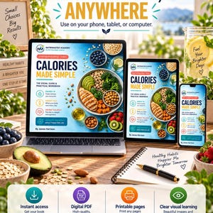 May include: A digital nutrition guide titled Calories Made Simple displayed on a laptop, tablet, and smartphone. The cover features a healthy meal of chicken, avocado, and vegetables. The screen displays text about energy balance, visual guides, and practical workbooks.