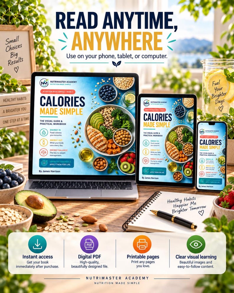 May include: A digital nutrition guide titled Calories Made Simple displayed on a laptop, tablet, and smartphone. The cover features a healthy meal of chicken, avocado, and vegetables. The screen displays text about energy balance, visual guides, and practical workbooks.