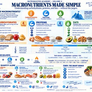 Pu&ograve; includere: Un'infografica educativa intitolata Nutrimaster Academy Volume 2 Macronutrients Made Simple. Presenta sezioni su carboidrati, proteine e grassi con icone, esempi di alimenti, valori calorici e una tabella di confronto per l'equilibrio nutrizionale.