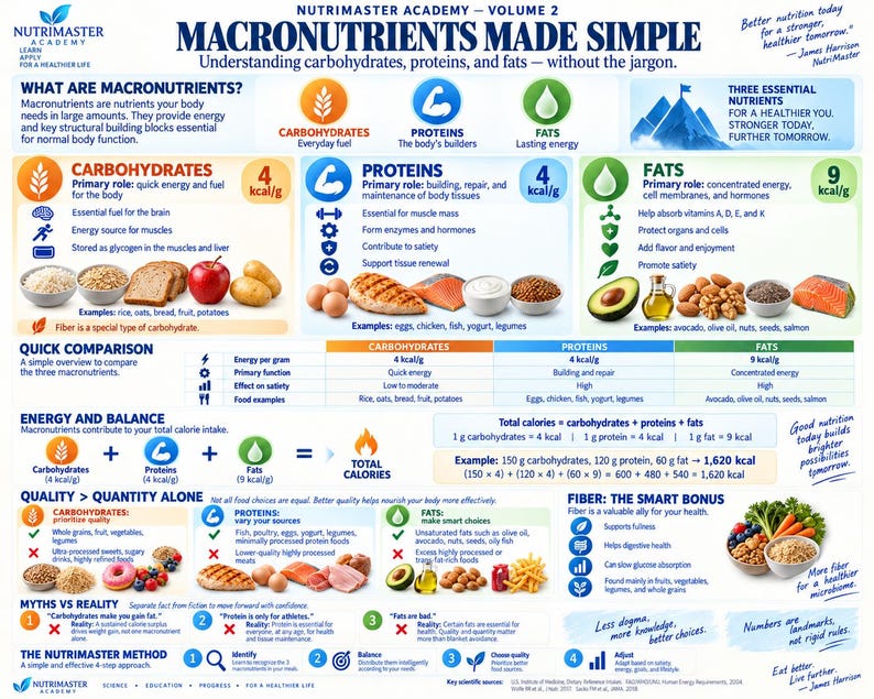 Pu&ograve; includere: Un'infografica educativa intitolata Nutrimaster Academy Volume 2 Macronutrients Made Simple. Presenta sezioni su carboidrati, proteine e grassi con icone, esempi di alimenti, valori calorici e una tabella di confronto per l'equilibrio nutrizionale.