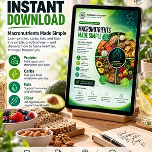 Pu&ograve; includere: Un tablet digitale su un supporto in legno mostra una guida intitolata Macronutrients Made Simple di James Harrison. Lo schermo presenta un grafico alimentare circolare con icone per proteine, carboidrati, grassi e fibre. Include testo informativo.