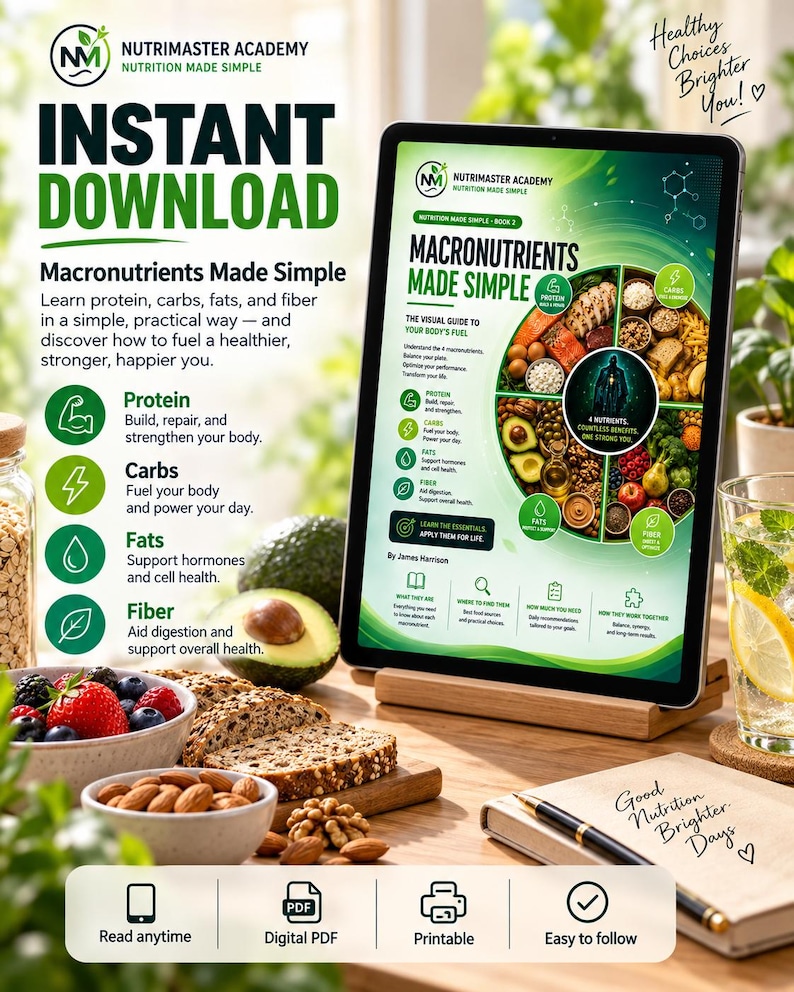 Pu&ograve; includere: Un tablet digitale su un supporto in legno mostra una guida intitolata Macronutrients Made Simple di James Harrison. Lo schermo presenta un grafico alimentare circolare con icone per proteine, carboidrati, grassi e fibre. Include testo informativo.