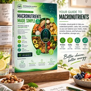 Pu&ograve; includere: Un libro intitolato Macronutrients Made Simple di James Harrison con una copertina verde che presenta un grafico alimentare circolare. La copertina mostra testo su proteine, carboidrati, grassi e fibre. Un taccuino con testo scritto a mano si trova su una superficie di legno vicino a ciotole di noci e bacche.