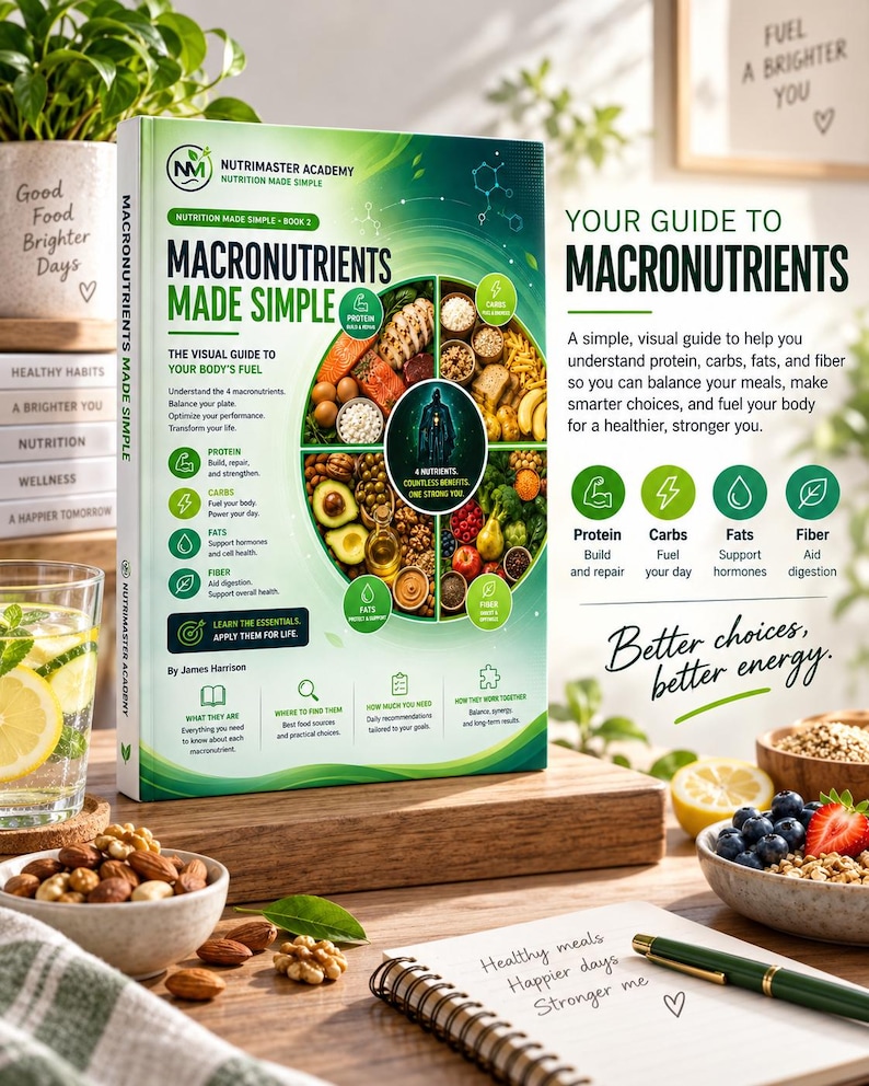 Pu&ograve; includere: Un libro intitolato Macronutrients Made Simple di James Harrison con una copertina verde che presenta un grafico alimentare circolare. La copertina mostra testo su proteine, carboidrati, grassi e fibre. Un taccuino con testo scritto a mano si trova su una superficie di legno vicino a ciotole di noci e bacche.