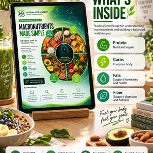 Pu&ograve; includere: Un tablet su un supporto in legno mostra una guida digitale intitolata Macronutrients Made Simple di James Harrison. Lo schermo presenta un grafico alimentare circolare con sezioni per proteine, carboidrati, grassi e fibre. Include del testo.