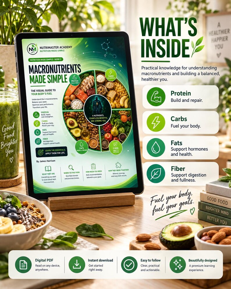Pu&ograve; includere: Un tablet su un supporto in legno mostra una guida digitale intitolata Macronutrients Made Simple di James Harrison. Lo schermo presenta un grafico alimentare circolare con sezioni per proteine, carboidrati, grassi e fibre. Include del testo.