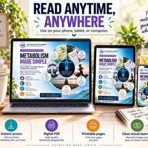 K&ouml;nnte beinhalten: Ein digitales Buch mit dem Titel Metabolism Made Simple auf einem Laptop, Tablet und Smartphone. Der Bildschirm zeigt eine kreisf&ouml;rmige Infografik &uuml;ber Gesundheit, Ern&auml;hrung und Denkweise. Der Text lautet Read Anytime, Anywhere.