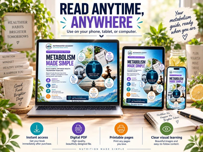 K&ouml;nnte beinhalten: Ein digitales Buch mit dem Titel Metabolism Made Simple auf einem Laptop, Tablet und Smartphone. Der Bildschirm zeigt eine kreisf&ouml;rmige Infografik &uuml;ber Gesundheit, Ern&auml;hrung und Denkweise. Der Text lautet Read Anytime, Anywhere.