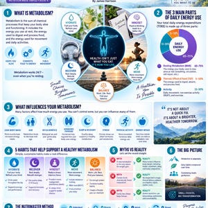 K&ouml;nnte beinhalten: Eine lehrreiche Infografik mit dem Titel Metabolism Made Simple von James Harrison. Sie enth&auml;lt sieben Abschnitte, die Stoffwechselprozesse, Energieverbrauch, Einflussfaktoren, gesunde Gewohnheiten, Mythen und die Nutrimaster-Methode erl&auml;utern.