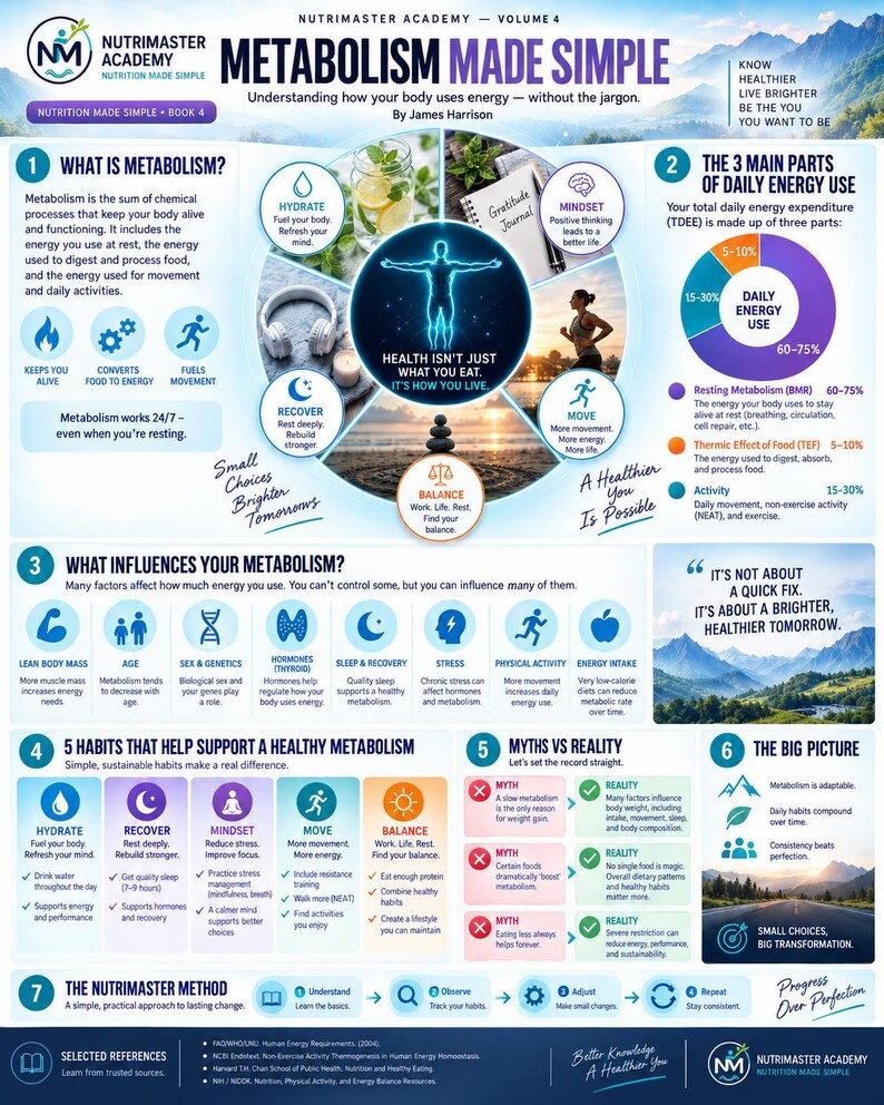 K&ouml;nnte beinhalten: Eine lehrreiche Infografik mit dem Titel Metabolism Made Simple von James Harrison. Sie enth&auml;lt sieben Abschnitte, die Stoffwechselprozesse, Energieverbrauch, Einflussfaktoren, gesunde Gewohnheiten, Mythen und die Nutrimaster-Methode erl&auml;utern.