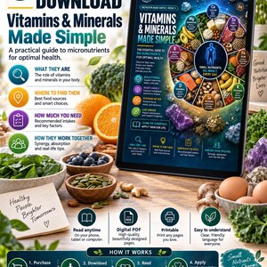 K&ouml;nnte beinhalten: Ein digitales Tablet zeigt einen Leitfaden mit dem Titel Vitamins & Minerals Made Simple, der eine kreisf&ouml;rmige Infografik mit Nahrungsquellen und N&auml;hrstoffsymbolen enth&auml;lt. Der Bildschirm zeigt Text &uuml;ber Mikron&auml;hrstoffe und einen vierstufigen Prozess.