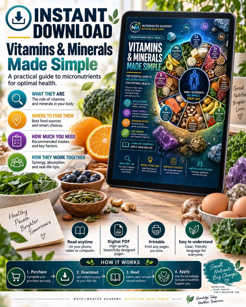 K&ouml;nnte beinhalten: Ein digitales Tablet zeigt einen Leitfaden mit dem Titel Vitamins & Minerals Made Simple, der eine kreisf&ouml;rmige Infografik mit Nahrungsquellen und N&auml;hrstoffsymbolen enth&auml;lt. Der Bildschirm zeigt Text &uuml;ber Mikron&auml;hrstoffe und einen vierstufigen Prozess.