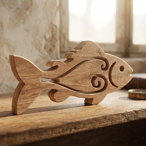 Könnte beinhalten: Eine hellbraune Holzfischskulptur mit einem ausgeschnittenen Design und einem zentralen Spiralmuster. Das Objekt weist eine sichtbare Holzmaserung auf und ist wie ein stilisierter Fisch mit ausgeprägter Schwanzflosse, Rückenflosse und Auge geformt.