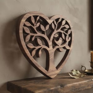 May include: A heart-shaped wooden wall decoration featuring a laser-cut tree design with intricate branches, leaves, and a small bird silhouette integrated into the center. The piece is crafted from brown wood with a visible natural grain pattern.