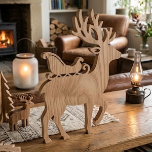 Rendier en slee, een origineel houten beeldhouwwerk, figuurzaagpatroon, digitale download, hoogwaardige JPG's, PDF, PNG, SVG, Moederdagcadeau