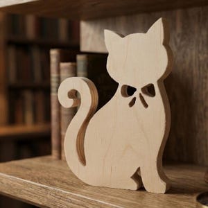 May include: A light-colored wooden cat silhouette cutout featuring a smooth, natural grain finish and a small, decorative bow-shaped cutout detail at the neck area. The cat is depicted in a seated position with its tail curled upward.