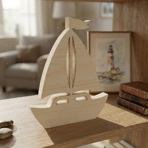 May include: A light-colored wooden sailboat cutout featuring a triangular sail, a small flag at the top, and a hull with two rectangular window cutouts. The object has a smooth, natural wood grain finish and stands upright on a flat surface.