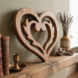 May include: A heart-shaped wooden wall decoration featuring an intricate, layered cutout design with a natural light brown wood grain finish. The piece is displayed on a rustic wooden mantelpiece alongside a brass candle holder and books.