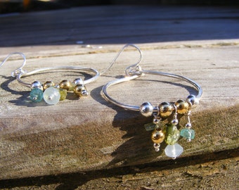 Hammered silver hoop gemstone and gold accent earrings