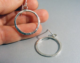 Hoop earrings, sterling silver hammered,  dangle hoops