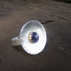 Sugilite silver statement ring, large hammered disc ring, natural purple stone
