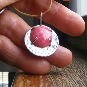 Natural bright pink rhodochrosite sterling silver pendant