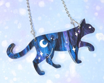 Laser Cut Cosmic Cat Necklace or Badge, Galaxy or Nebula Acrylic