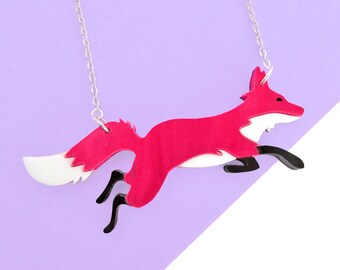 Laser Cut Fox Necklace or Badge, Marble Red Acrylic