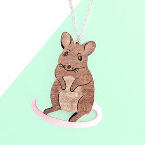 Laser Cut Mouse Necklace or Badge, Walnut image 2