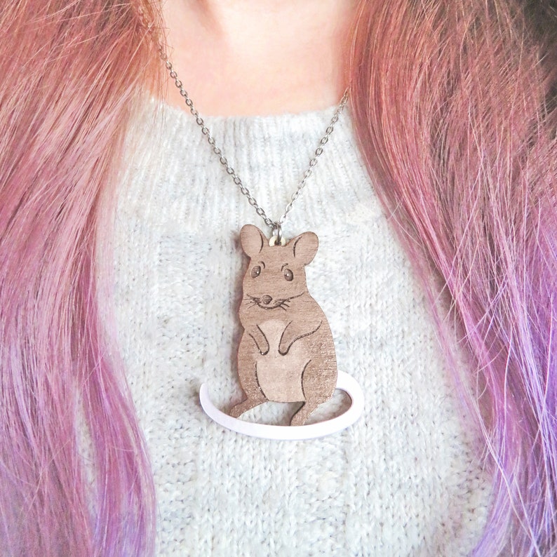 Laser Cut Mouse Necklace or Badge, Walnut image 1