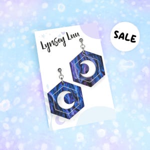 SALE, Laser Cut Cosmic Moon & Hexagon Drop Earring Hooks, Ball Studs or Hoops