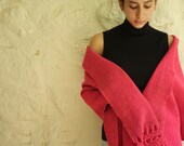 Vintage Pink Serape, Handwoven Bright Pink Shawl, Pink Boho Wrap, 60s Fashion, Wool Evening Wrap, Retro Fashion Shawl, Girlfriend Gift