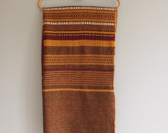 Vintage 1960s Handwoven Long Table Runner Black Yellowy Orange White Maroon 89&quot; x 27&quot;