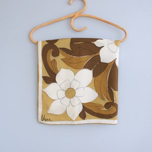 1970s Vera Neumann Stylized Floral Acetate White Brown And Tan Square Scarf